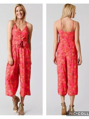 GUC Free People Hot Pink/Fuchsia Floral Hot Tropics Wide Leg Jumpsuit Pink Combo